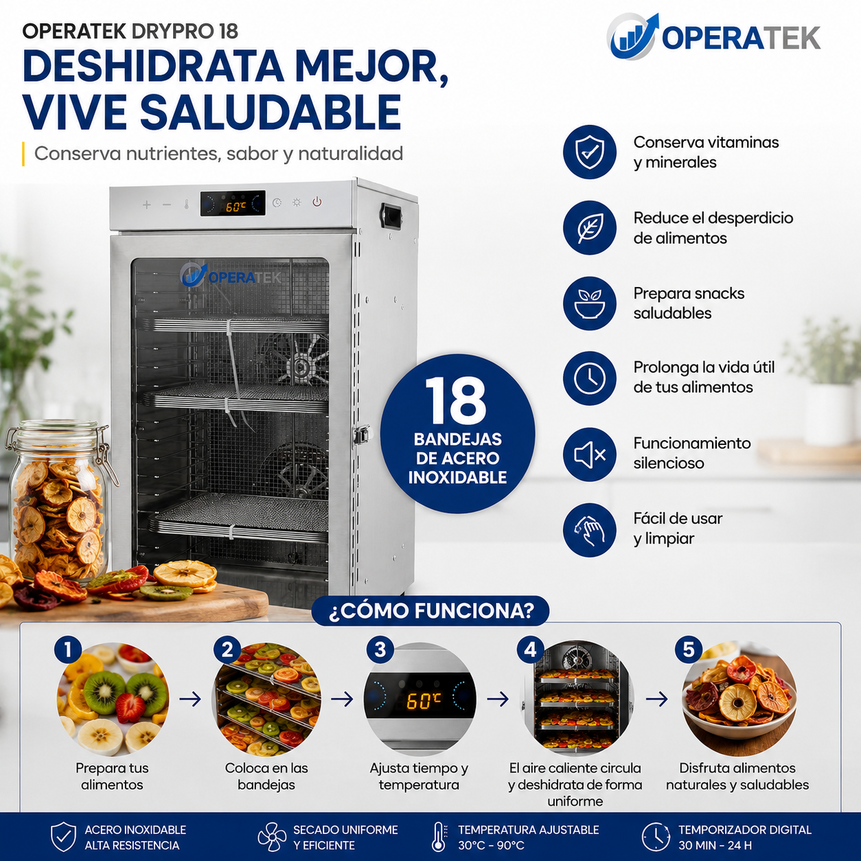 OPERATEK DRYPRO 18 Deshidratador Industrial de Alimentos de Acero Inoxidable | 18 Bandejas