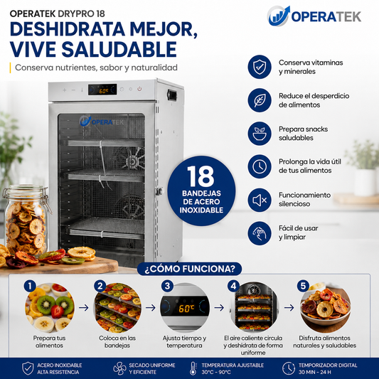 OPERATEK DRYPRO 18 Deshidratador Industrial de Alimentos de Acero Inoxidable | 18 Bandejas