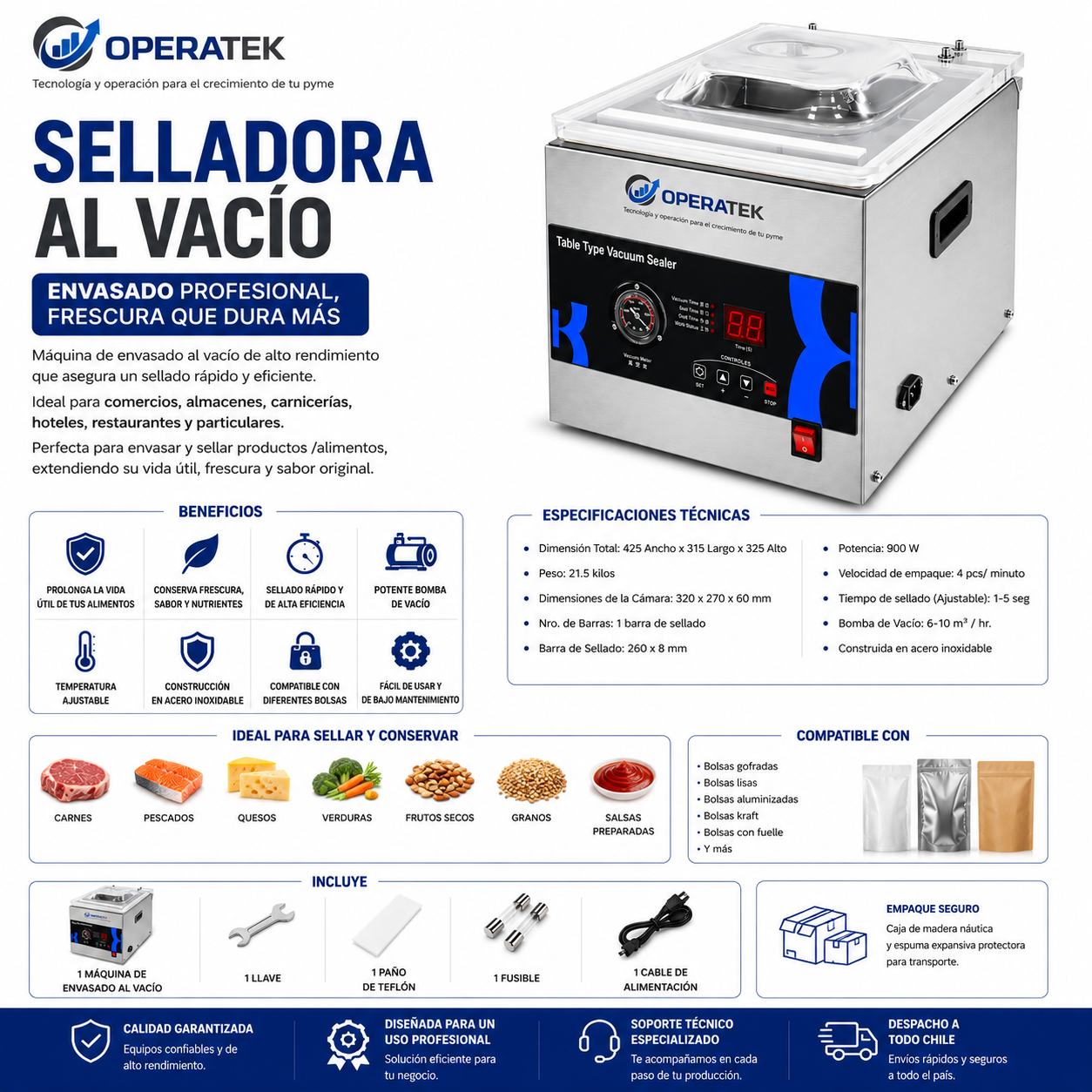 Selladora al Vacío Industrial OPK-V260 | Cámara de Vacío en Acero Inoxidable